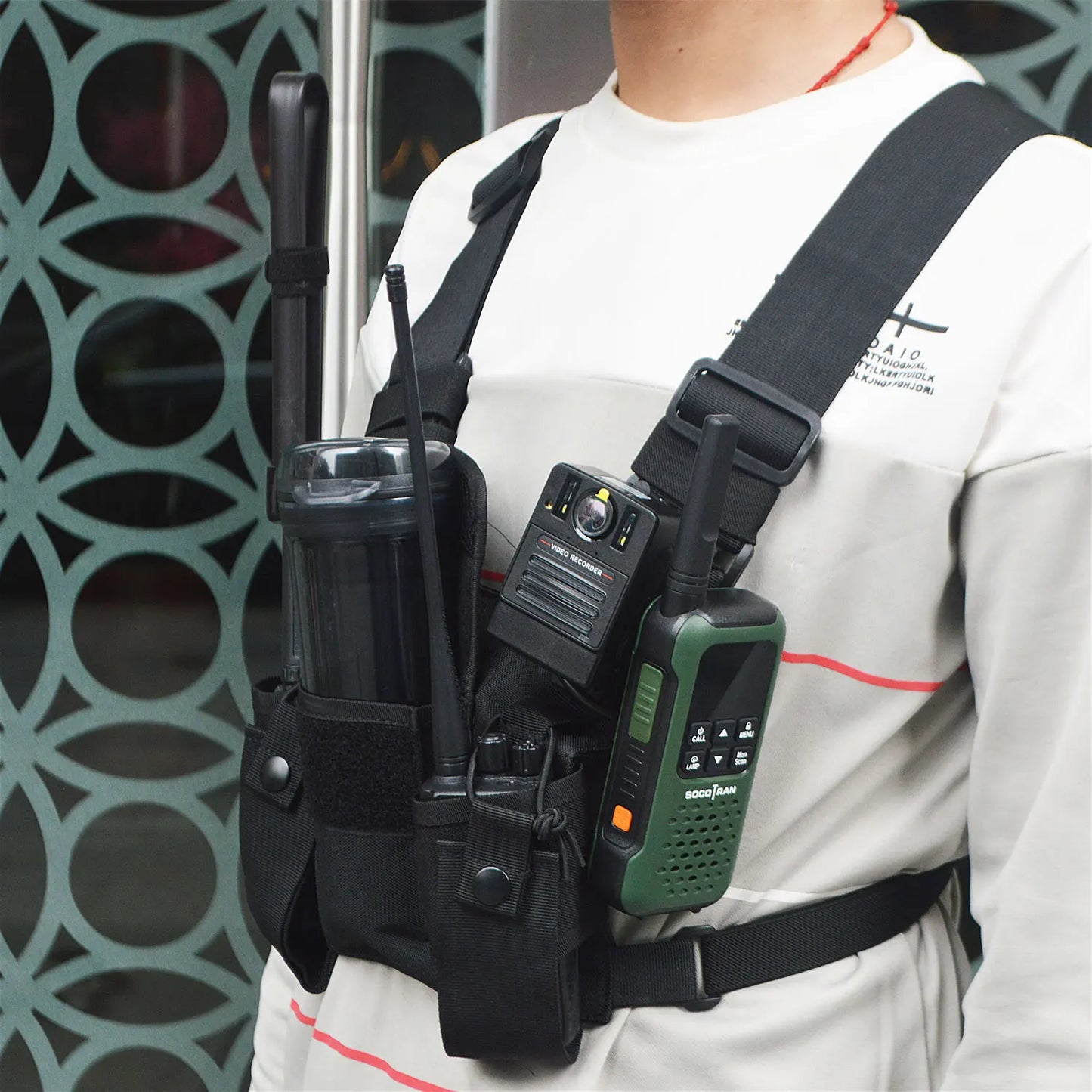 Walkie Talkie Univeral Chest Pack Nylon with two radio holders and Velcro-secured pouch protects and stores the radios