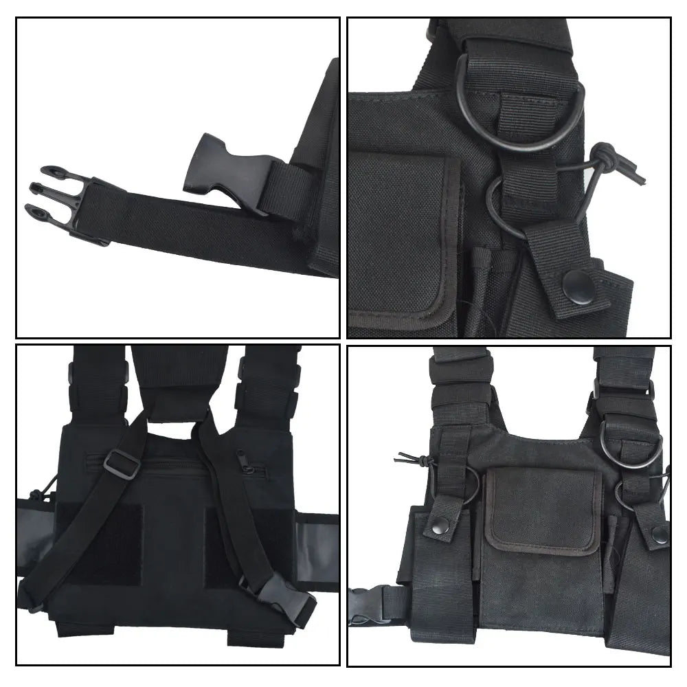 Walkie Talkie Univeral Chest Pack Nylon with two radio holders and Velcro-secured pouch protects and stores the radios