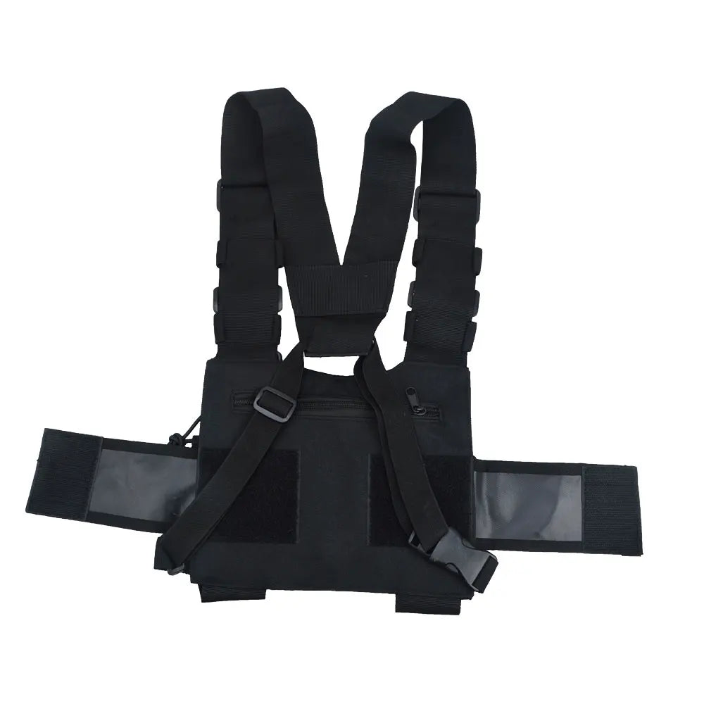 Walkie Talkie Univeral Chest Pack Nylon with two radio holders and Velcro-secured pouch protects and stores the radios