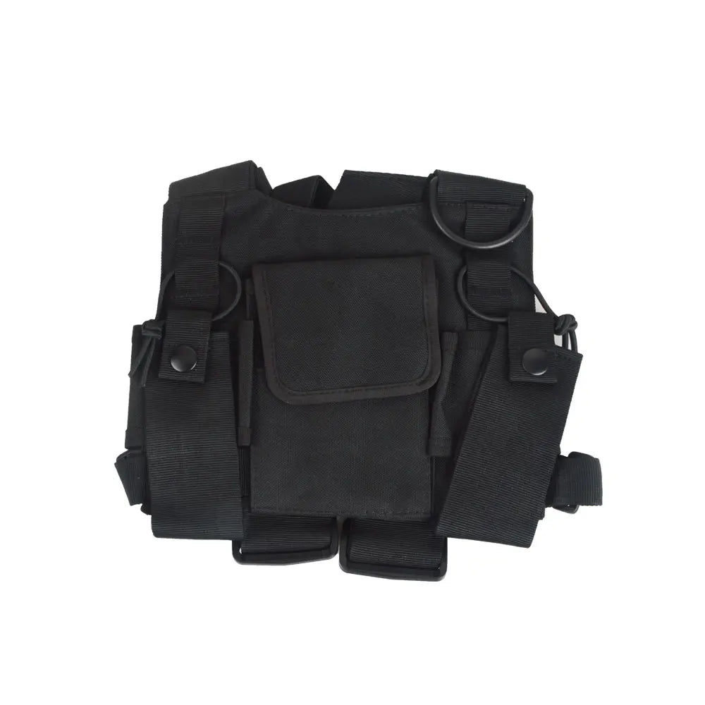 Walkie Talkie Univeral Chest Pack Nylon with two radio holders and Velcro-secured pouch protects and stores the radios
