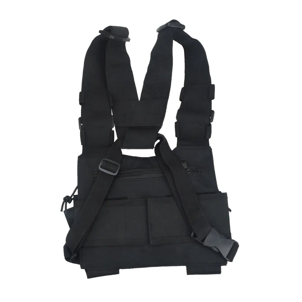 Walkie Talkie Univeral Chest Pack Nylon with two radio holders and Velcro-secured pouch protects and stores the radios
